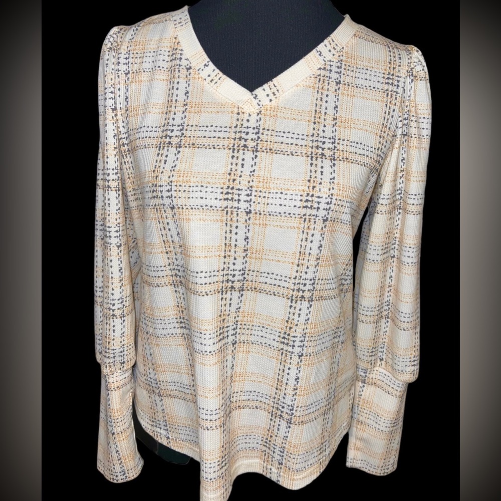 Zac & Rachel V Neck Tunic Ivory/Mustard/ Gray Sz  M